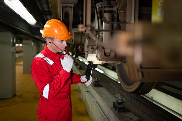 El ingeniero de trenes eléctricos utiliza un walkietalkie para inspeccionar la maquinaria de los trenes eléctricos