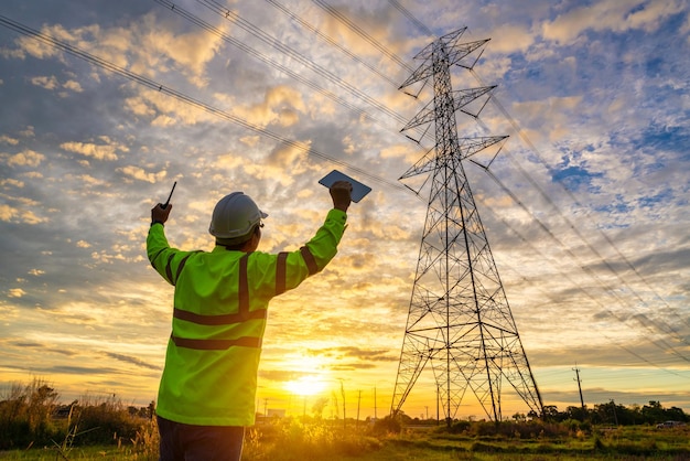 El ingeniero tuvo éxito después de verificar en la central eléctrica el trabajo de planificación al generar electricidad desde la torre de transmisión de alto voltaje al atardecer