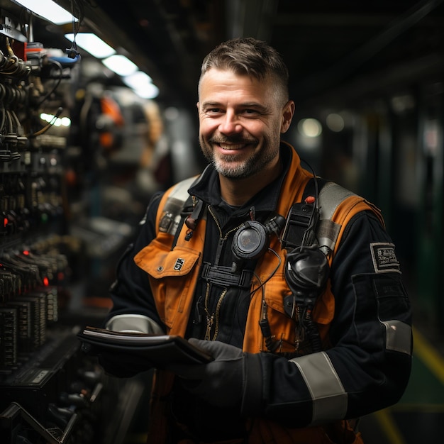 Ingeniero uniformado revisando la lista de tareas y sonriendo generada por IA