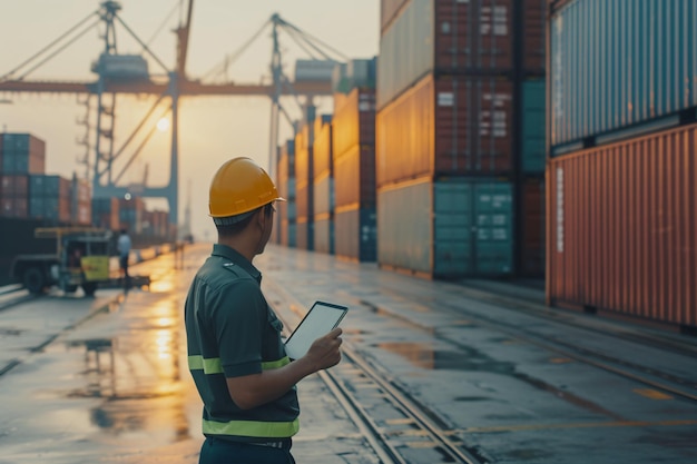 Ingeniero en uniforme de inspección ve detalles en la tableta con la logística de contenedores en el muelle de carga