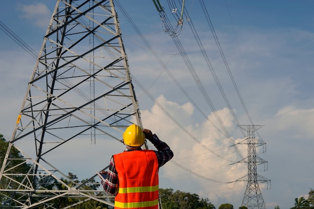 Un ingeniero usa una computadora portátil y está inspeccionando el trabajo de construcción. Un gran poste de energía eléctrica frente al sitio de construcción.