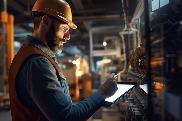 Foto ingeniero usando una tableta digital en una fábrica con ia generativa