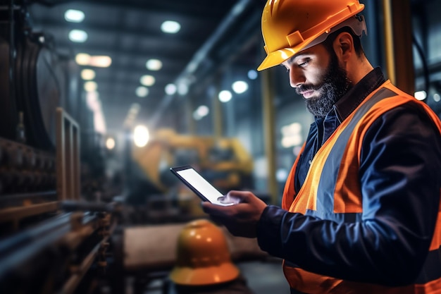 Ingeniero usando una tableta digital en una fábrica con IA generativa