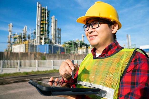Foto ingeniero usar casco de seguridad uniforme trabajo en refinería de petróleo petroquímica petróleo químico plástico
