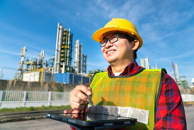 Foto ingeniero usar casco de seguridad uniforme trabajo en refinería de petróleo petroquímica petróleo químico plástico