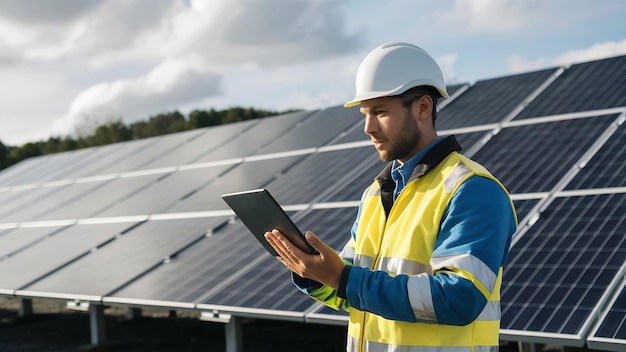 Ingeniero verifica la estación de paneles solares fotovoltaicos con el concepto de tecnología de energía de la computadora tablet