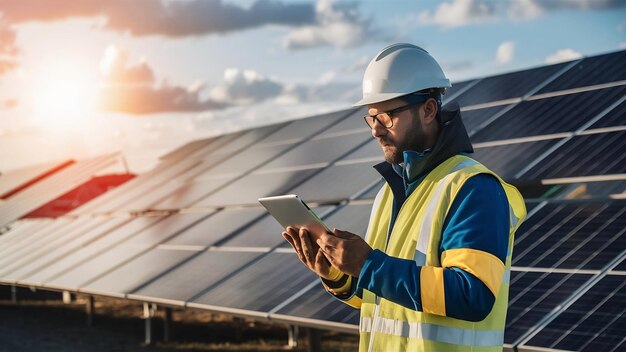 Ingeniero verifica la estación de paneles solares fotovoltaicos con el concepto de tecnología de energía de la computadora tablet