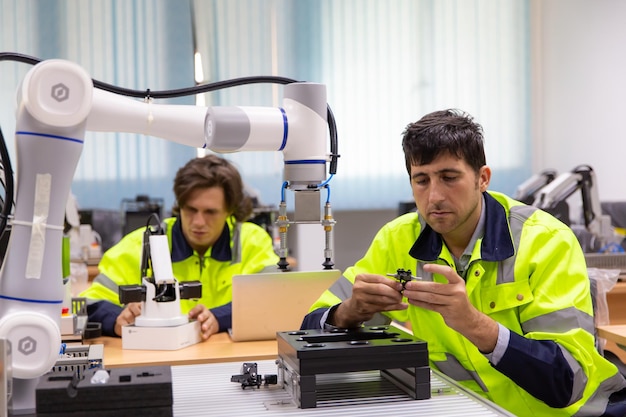 Ingeniero de verificación y control de la automatización de la máquina de brazos robóticos en la fábrica industrial inteligente en el software del sistema de monitoreo en tiempo real robótica y operación de fabricación digital