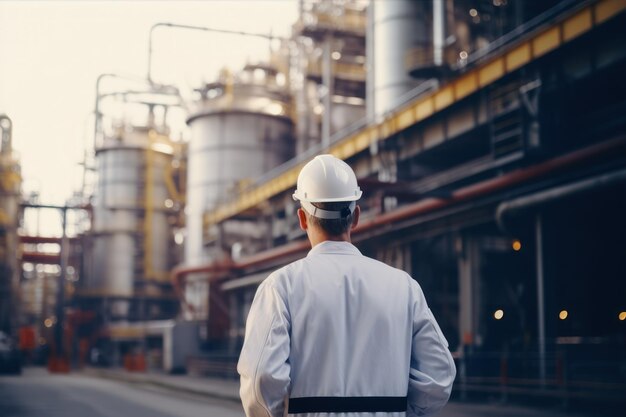 Ingeniero en la vista trasera de una fábrica industrial