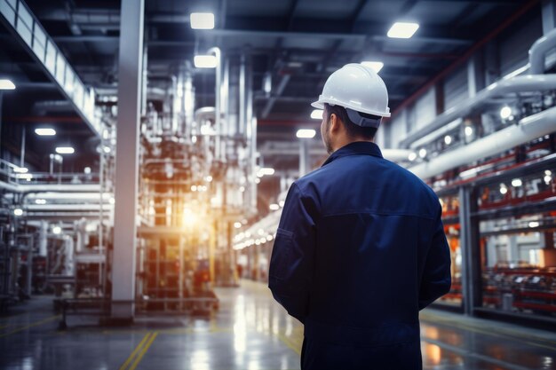 Foto ingeniero en la vista trasera de una fábrica industrial