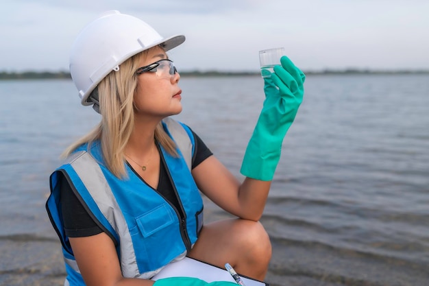 Los ingenieros ambientales inspeccionan la calidad del agua Traen el agua al laboratorio para su ensayo Comprueben el contenido mineral en el agua y el suelo Comprueben los contaminantes en las fuentes de agua