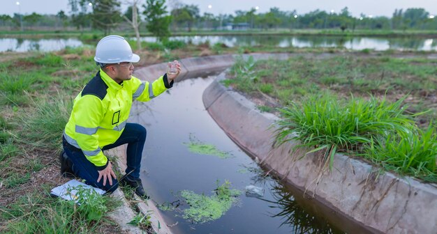 Los ingenieros ambientales inspeccionan la calidad del agua Traen el agua al laboratorio para su ensayo Comprueben el contenido mineral en el agua y el suelo Comprueben los contaminantes en las fuentes de agua