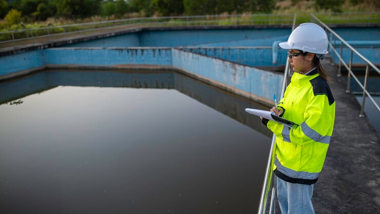 Ingenieros ambientales trabajan en plantas de tratamiento de aguas residualesIngeniería de suministro de agua trabajando en una planta de reciclaje de agua para su reutilización
