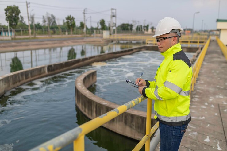 Ingenieros ambientales trabajan en plantas de tratamiento de aguas residualesIngeniería de suministro de agua trabajando en una planta de reciclaje de agua para su reutilización