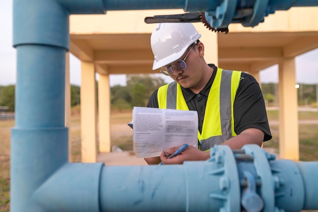 Ingenieros ambientales trabajan en plantas de tratamiento de aguas residualesTécnico fontanero masculino que trabaja en el suministro de agua