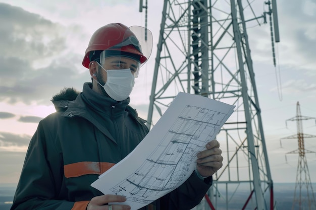 Los ingenieros arquitectos con máscaras monitorean la torre 5G para las señales