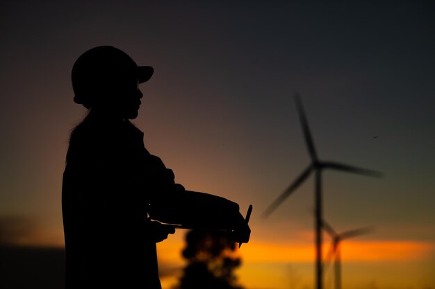 Ingenieros de Asian Man trabajando y sosteniendo el informe en la estación de generador de energía de la granja de turbinas eólicas en la montaña Gente de Tailandia Técnico en el lugar de trabajo