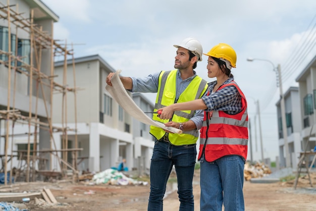 Ingenieros asiáticos femeninos y masculinos discuten y miran planos en el sitio de construcción de viviendas