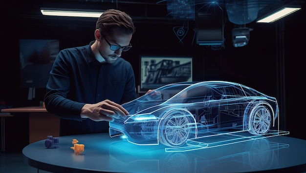 Foto ingenieros automotrices desarrollan prototipos de autos eléctricos en 3d usando gestos en realidad aumentada diseño