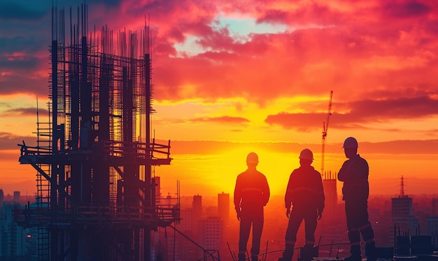 Foto ingenieros con cascos coordinando el ensamblaje de una torre de estructura de acero