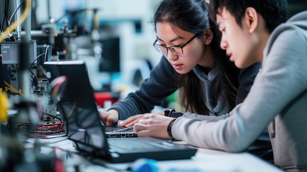 Ingenieros colaborando en un proyecto en el laboratorio de tecnología