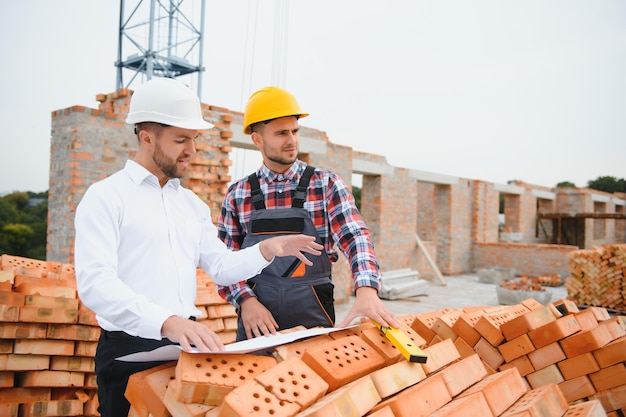 Los ingenieros de construcción que supervisan el progreso del proyecto de construcción se encuentran en el nuevo techo de piso de concreto y el fondo de la grúa