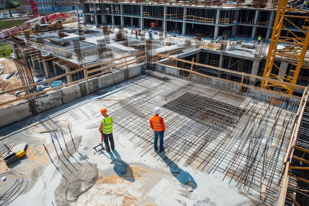 Ingenieros de construcción supervisando el progreso del proyecto en un nuevo piso de hormigón