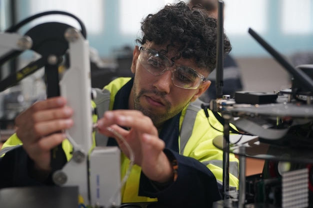 Los ingenieros de control de robótica resuelven problemas y configuran la programación del panel de control para el controlador de brazo de robot industrial en la planta de producción