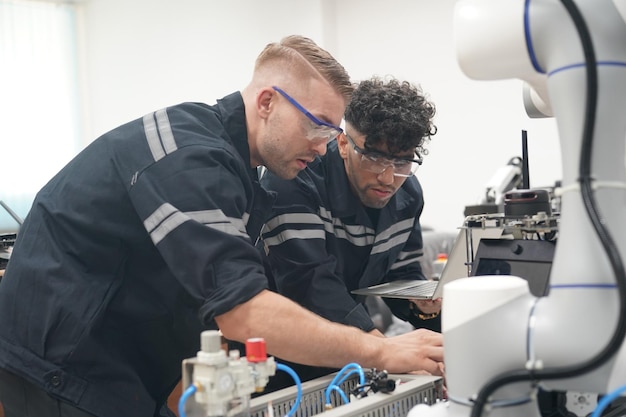 Los ingenieros de control de robótica resuelven problemas y configuran la programación del panel de control para el controlador de brazo de robot industrial en la planta de producción