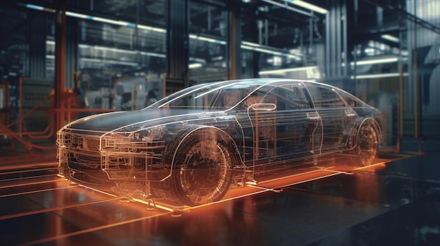 Ingenieros de diseño de automóviles que utilizan una aplicación holográfica en una tableta digital Desarrollan un moderno e innovador automóvil eléctrico ecológico de alta tecnología con estándares sostenibles Prueban la IA generativa