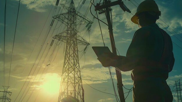 Foto los ingenieros eléctricos trabajan con tabletas, portátiles, computadoras, torres, voltaje, silueta del sol y ia generativa.