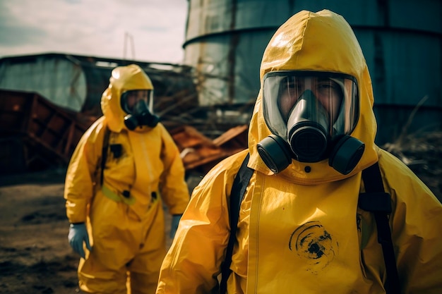 Los ingenieros están protegiendo la planta nuclear con trajes antirradiación