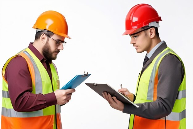 Foto ingenieros examinando documentos en un portapapeles aislado sobre un fondo blanco