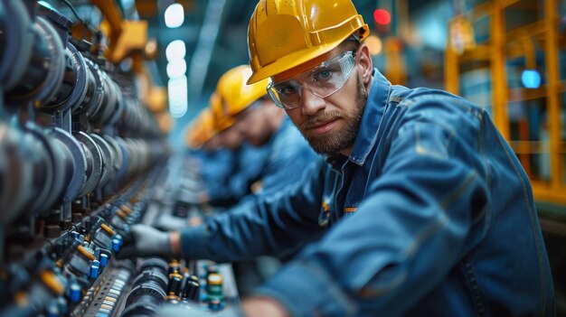 Foto ingenieros de la fábrica trabajando en un panel de control