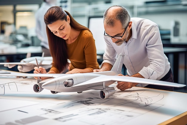 Foto ingenieros un hombre y una mujer finalizan un plan para reconstruir un avión en la oficina de diseño