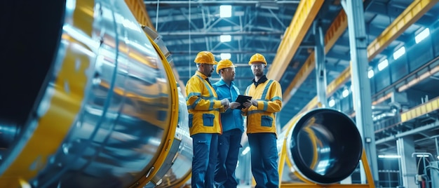 Foto ingenieros de la industria pesada en una planta de fabricación de tuberías usando tabletas digitales discutiendo el diseño y la construcción de oleoductos de transporte de gas y combustibles