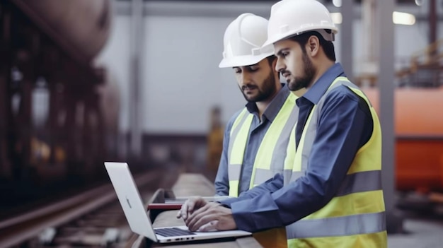 Ingenieros industriales de servicio pesado se paran en una planta de fabricación de tuberías que emplean tabletas digitales para construir productos de transporte de petróleo IA generativa