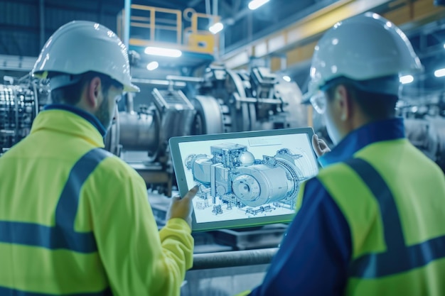 Los ingenieros industriales usan tablets para visualizar modelos en 3D en una fábrica de electrónica de alta tecnología