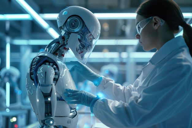 Ingenieros innovadores y médicos en un laboratorio de alta tecnología colaboran en robótica