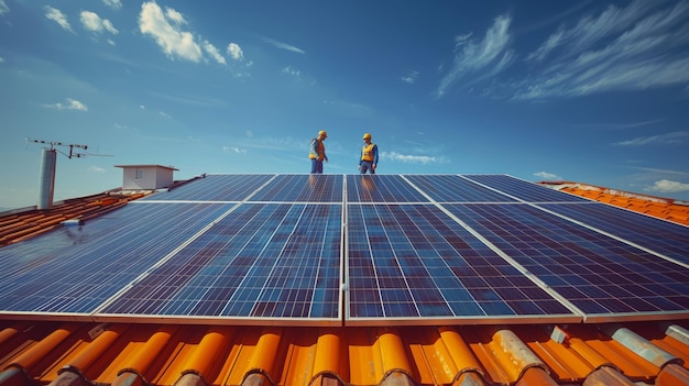 Ingenieros inspeccionan paneles solares en un techo bajo un cielo azul