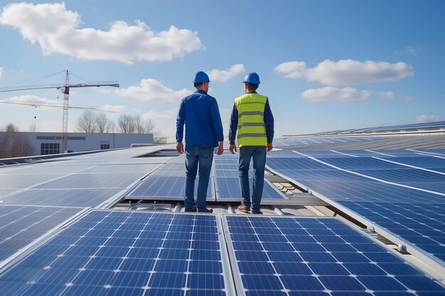 Ingenieros inspeccionando paneles solares en una central eléctrica