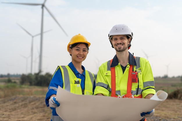 Ingenieros masculinos y femeninos tienen planos para inspección y mantenimiento de turbinas eólicas en parques eólicos