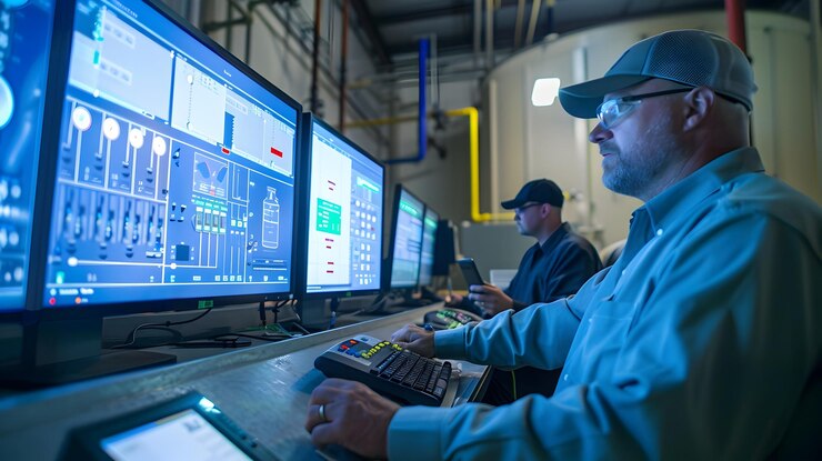 Foto ingenieros monitoreando datos en tiempo real de sensores avanzados en la sala de control de tratamiento de aguas residuales de última generación