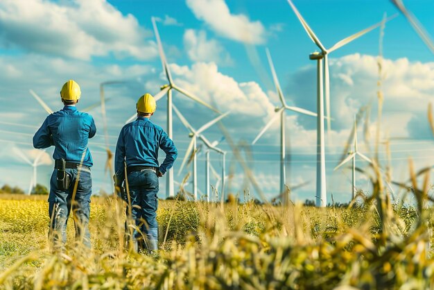 Ingenieros montando turbinas eólicas en un parque eólico aprovechando la energía eólica para generar energía limpia y renovable