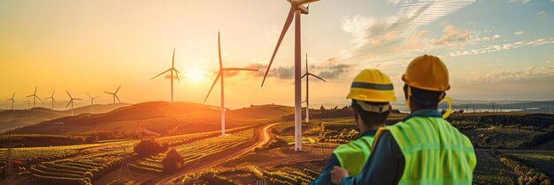 Ingenieros montando turbinas eólicas en un parque eólico aprovechando la energía eólica para generar energía limpia y renovable