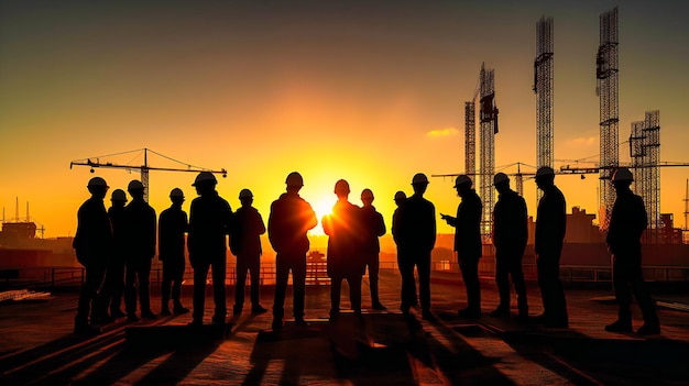 Ingenieros de negocios en silueta demostrando liderazgo y ambición en un sitio de construcción durante el amanecer