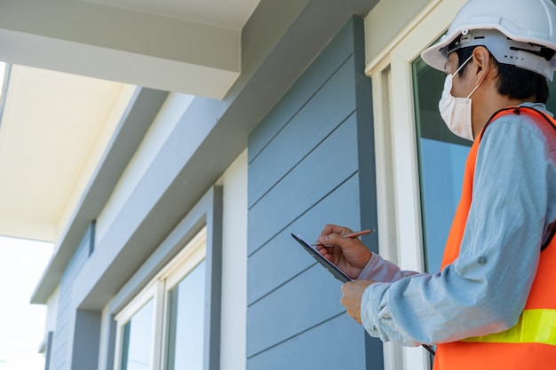 Los ingenieros o inspectores con chalecos reflectantes de color naranja están tomando notas y revisando con portapapeles en el sitio de construcción del edificio