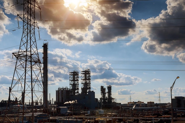 Ingenieros de pie rodeados de oleoductos y gas industria