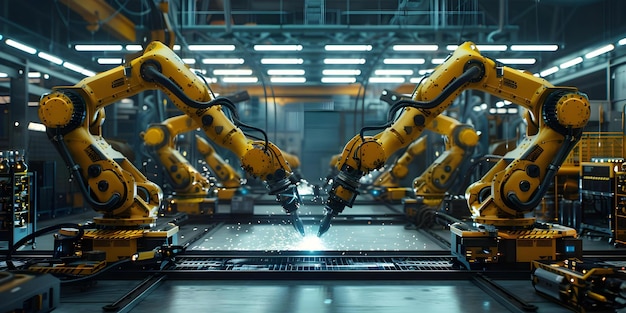 Ingenieros que monitorean brazos robóticos en una fábrica inteligente que supervisan las operaciones de soldadura a través de software de automatización de control Concepto de automatización industrial Fábrica inteligente Armas robóticas Operaciones de soldadura