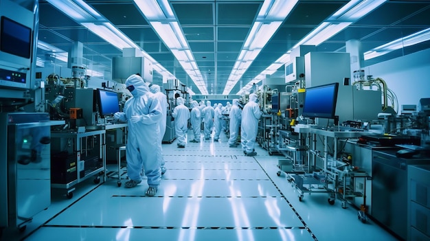 Foto ingenieros que trabajan en la fabricación de semiconductores en una instalación de sala limpia